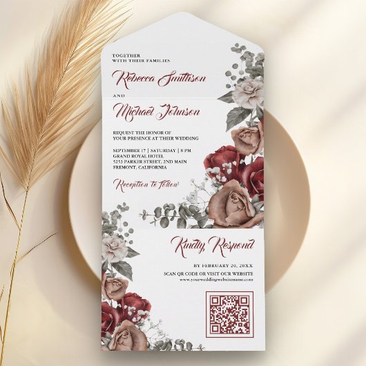 Burgundy Red Roses Floral QR Code Wedding All In One Uitnodiging