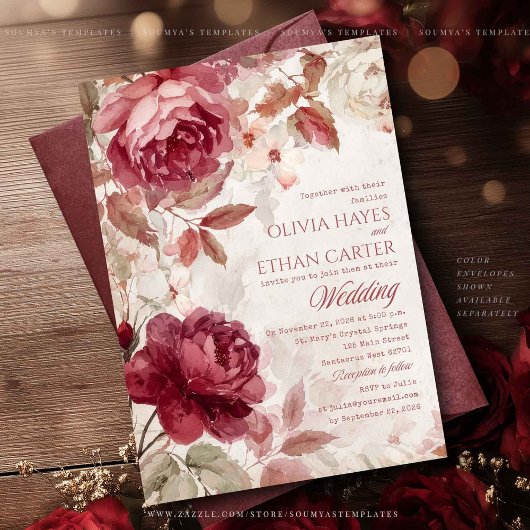 Burgundy Red Roses Floral Vintage Wedding Kaart