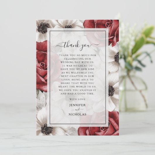 Burgundy Red Roses Floral Weddenschap Hartelijk da Bedankkaart (Staand voorkant)