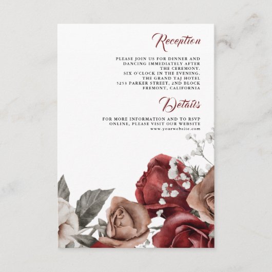 Burgundy Red Roses Floral Wedding Details Informatiekaartje (Voorkant)