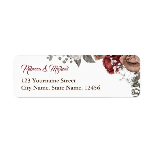 Burgundy Red Roses Floral Wedding Etiket (Voorkant)