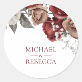 Burgundy Red Roses Floral Wedding Favor Ronde Sticker