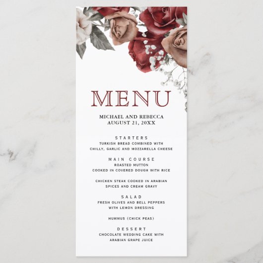 Burgundy Red Roses Floral Wedding Menu (Voorkant)