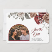 Burgundy Red Roses Floral Wedding Photo Save The Date (Voorkant)