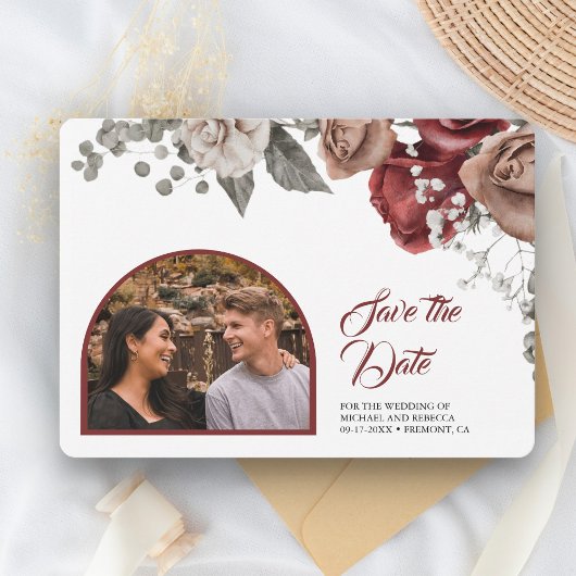Burgundy Red Roses Floral Wedding Photo Save The Date