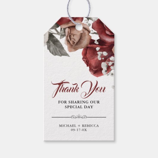 Burgundy Red Roses Floral Wedding Thank You Cadeaulabel (Voorkant)