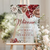 Burgundy Red Roses Floral Wedding Welcome Acryl Bord