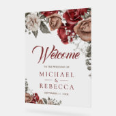 Burgundy Red Roses Floral Wedding Welcome Acryl Bord (Hoek)
