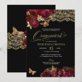 Burgundy Red Roses Gold Lace Butterfly Quinceañera Kaart