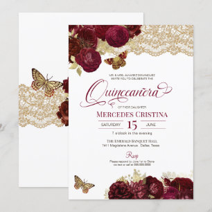 Burgundy Red Roses Gold Lace Butterfly Quinceañera Kaart