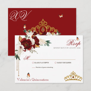 Burgundy Red Roses Gold Tiara Quinceanera RSVP Kaartje