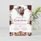 Burgundy Red Roses Horse Rustic Quinceanera Kaart (Staand voorkant)
