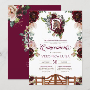 Burgundy Red Roses Horse Rustic Quinceanera Kaart