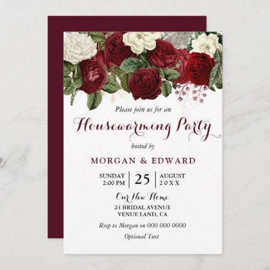 Burgundy Red Roses Housewarming Party Invite Kaart (Voorkant / Achterkant)