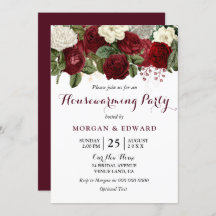 Burgundy Red Roses Housewarming Party Invite