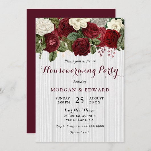 Burgundy Red Roses Housewarming Party Invite Kaart (Voorkant / Achterkant)