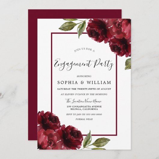 Burgundy Red Roses Modern Engagement Party Kaart (Voorkant / Achterkant)