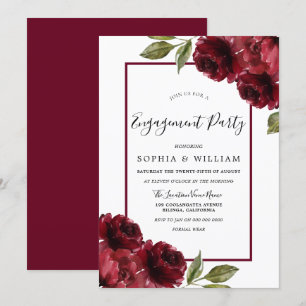Burgundy Red Roses Modern Engagement Party Kaart