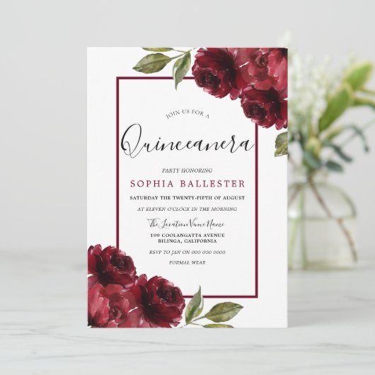 Burgundy Red Roses Modern Quinceanera Party Kaart (Staand voorkant)