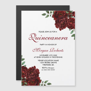 Burgundy Red Roses Modern Quinceanera Party Magnetische Uitnodiging