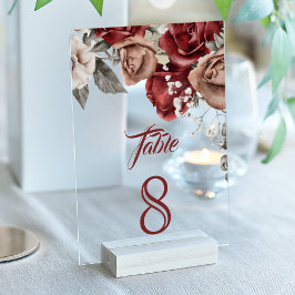Burgundy Red Roses Wedding Acrylic Table Number Acryl Uitnodigingen