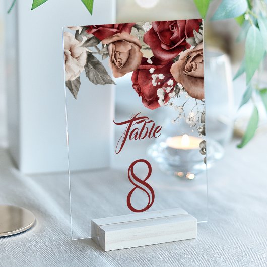 Burgundy Red Roses Wedding Acrylic Table Number Acryl Uitnodigingen