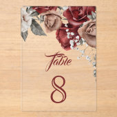 Burgundy Red Roses Wedding Acrylic Table Number Acryl Uitnodigingen (Voorkant)