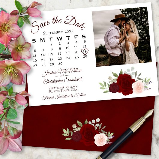 Burgundy Red & Roses Wedding Calendar & Photo Save The Date