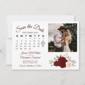 Burgundy Red & Roses Wedding Calendar & Photo Save The Date (Voorkant)
