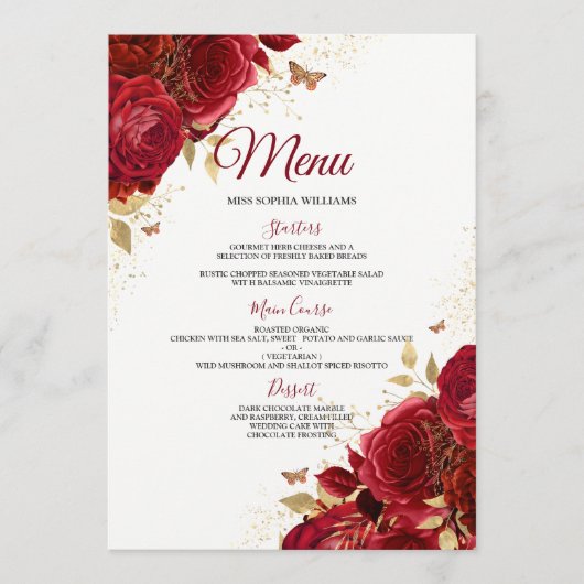 Burgundy Red Roses Wedding Verloving Quinceanera Menu (Voorkant)