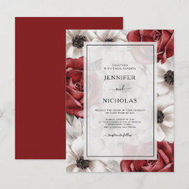 Burgundy Red Roses White Anemone Floral Wedding Uitnodiging Briefkaart