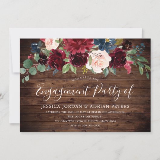 Burgundy Red Rustic Country Engagement Party Kaart (Voorkant)