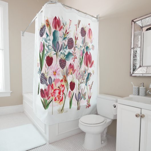 Burgundy Red Rustic Flowers Floral Natuur Douchegordijn (In situ)