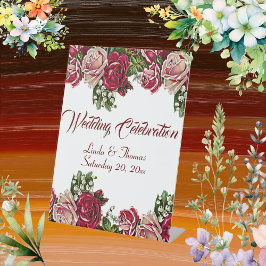 Burgundy Red Rustic Rozen Floral country Wedding Reclamebord Met Voetstuk