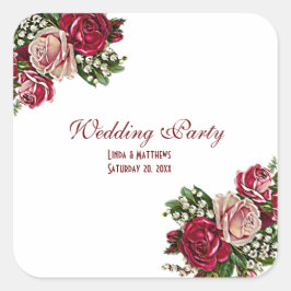 Burgundy Red Rustic Rozen Floral country Wedding Vierkante Sticker