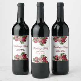 Burgundy Red Rustic Rozen Floral country Wedding Wijn Etiket