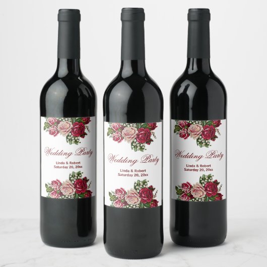 Burgundy Red Rustic Rozen Floral country Wedding Wijn Etiket (Flessen)