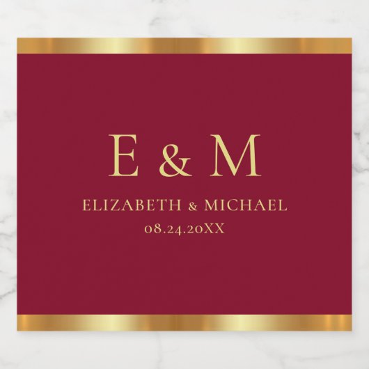 Burgundy Red Save the Date Gold Text Monogram Sparkling Wijnetiket (Enkel label)