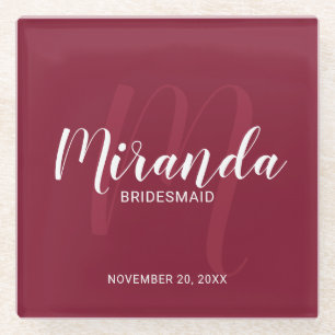 Burgundy Red Script - Aangepaste bridesmaïden Glazen Onderzetter