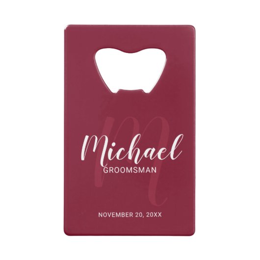Burgundy Red Script - Aangepaste Groomsmen Creditkaart Flessenopener (Voorkant)