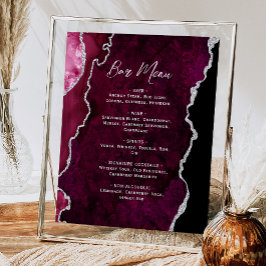 Burgundy Red Silver Agate Script Wedding Bar Menu Poster