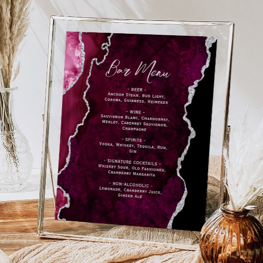 Burgundy Red Silver Agate Script Wedding Bar Menu  Poster