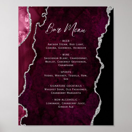 Burgundy Red Silver Agate Script Wedding Bar Menu  Poster (Voorkant)