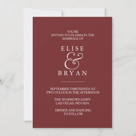 Burgundy Red Simple Modern Elegant Wedding Invite Kaart (Voorkant)
