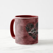 Burgundy Red Stripes Black Faux Lace Floral Heart Mok (Voorkant links)