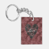 Burgundy Red Stripes Black Faux Lace Floral Heart Sleutelhanger (Voorkant Links)