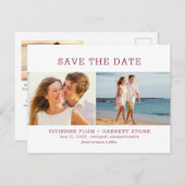 Burgundy Red Text 3 Foto Weddenschap Save the Date Aankondigingskaart (Voorkant / Achterkant)