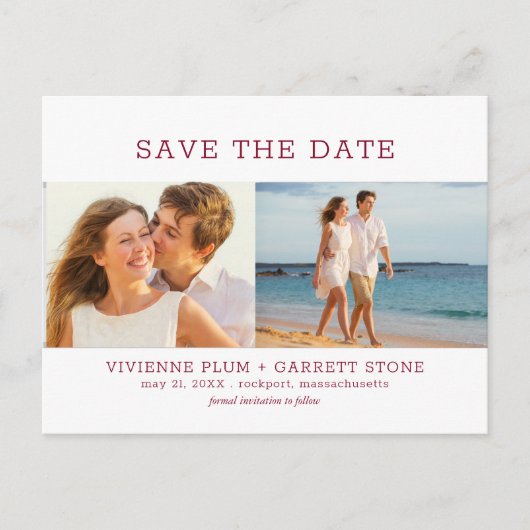 Burgundy Red Text 3 Foto Weddenschap Save the Date Aankondigingskaart (Voorkant)