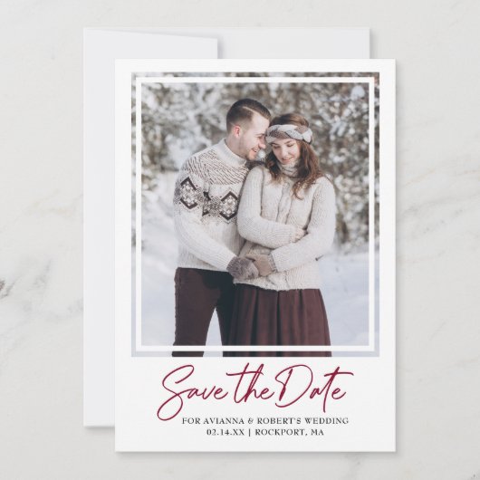 Burgundy Red Text en foto Save The Date (Voorkant)