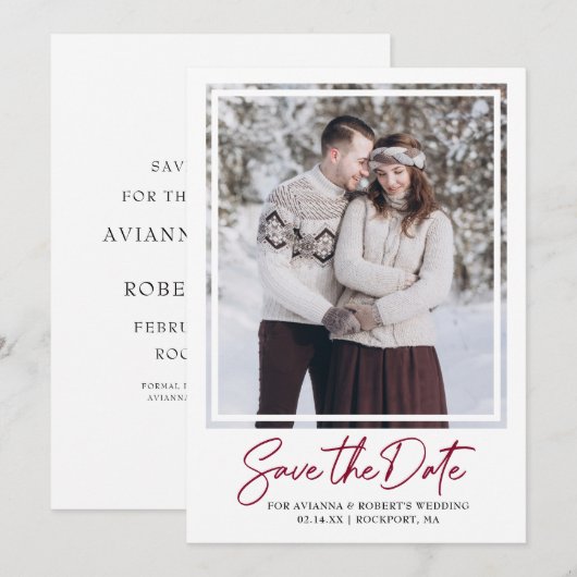 Burgundy Red Text en foto Save The Date (Voorkant / Achterkant)